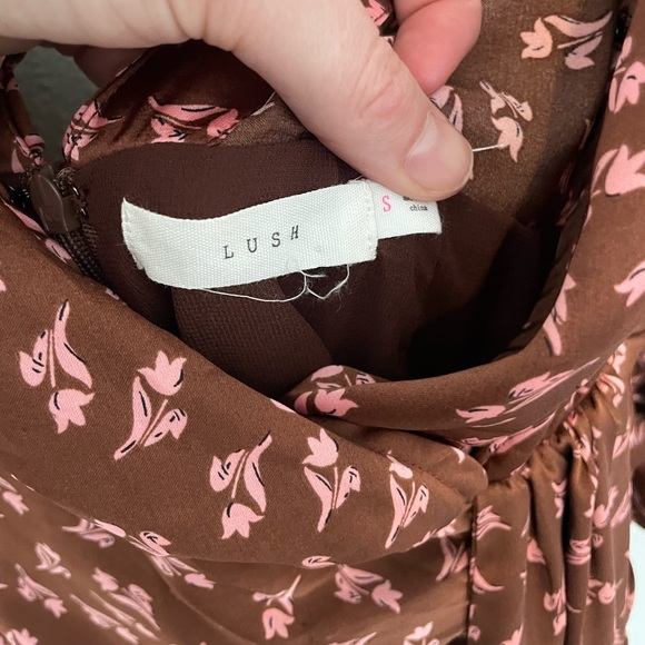 LUSH satin floral ruched Dress Womens Small Midi Asymmetrical Cut Out Back Brown - Picture 11 of 13